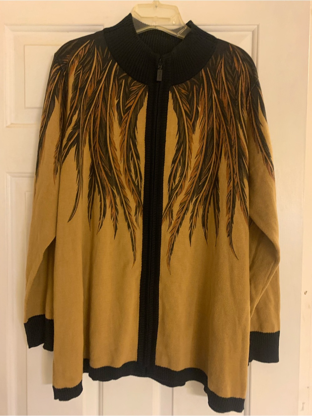Womens Mustard Zip-Front Cardigan Jacket with Feather print with sweater.